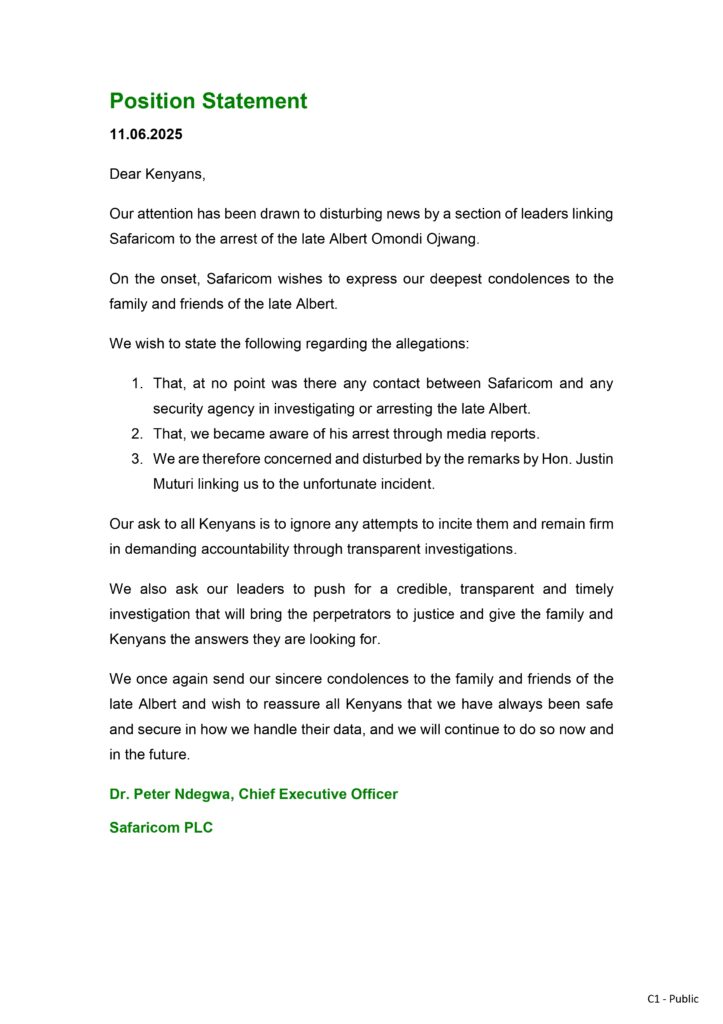 Safaricom Forced to Issue Statement after Being Mentioned in Albert Ojwanga’s murder