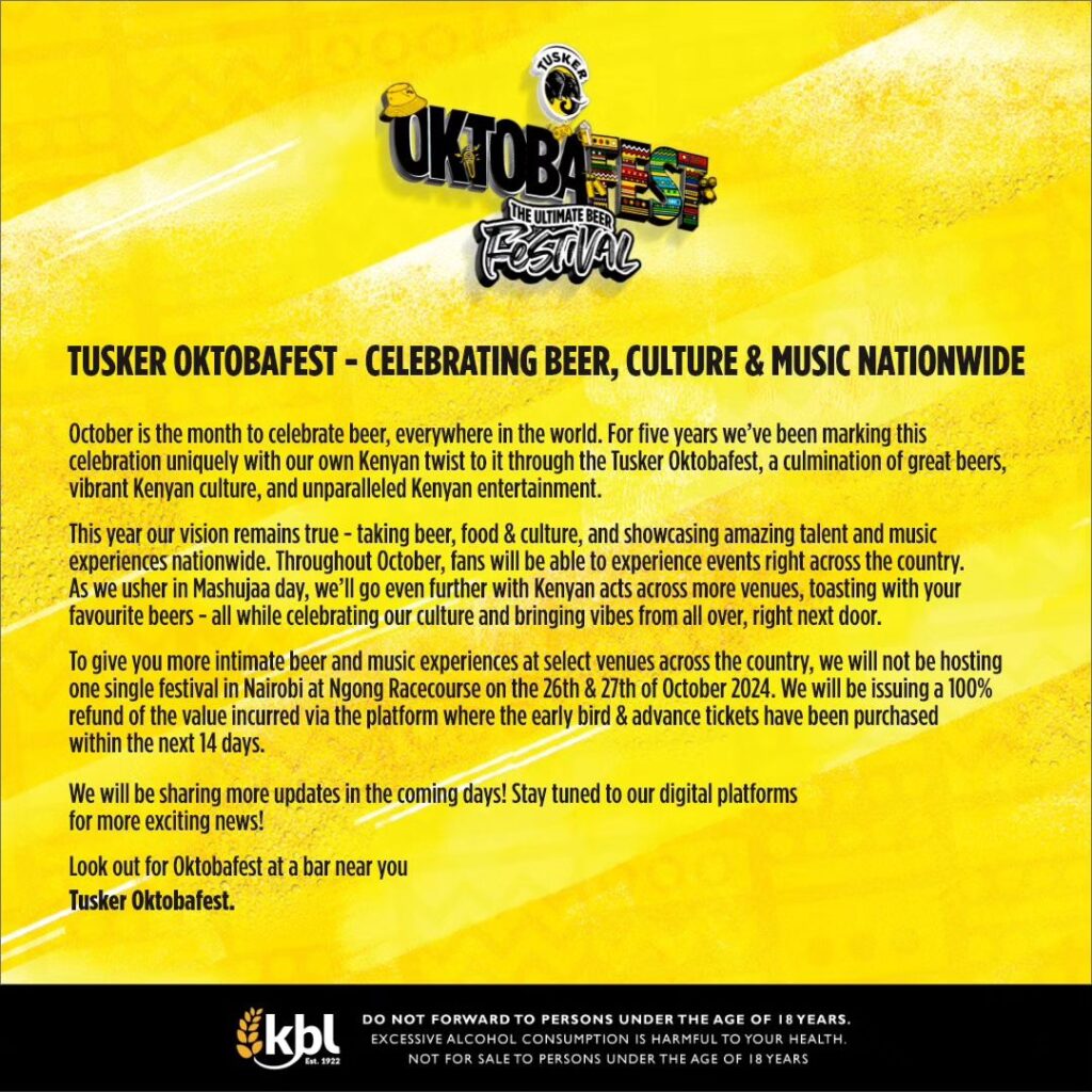 EABL cancels upcoming Tusker Oktobafest Nairobi Edition